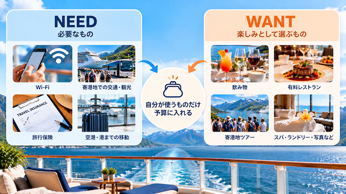 クルーズの追加費用を必要なものと選ぶものに分ける図 クルーズの追加費用を必要なものと選ぶものに分ける図